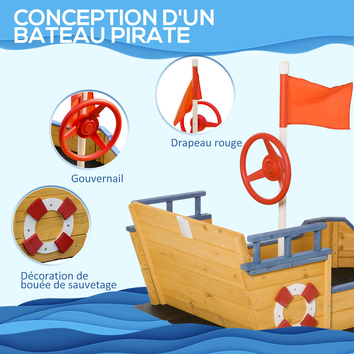 SANDKASTEN DE-18750 Piratenschiff mit Steuerruder & Stauraum - Gelb, Holzwerkstoff (158/78/45.5cm) - ComfortXL