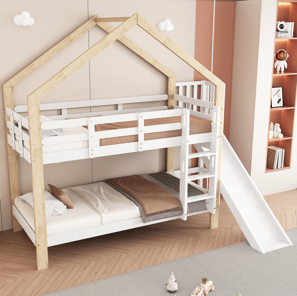 ETAGENBETT aus Kiefer und MDF 90x200 cm Weiß/Natur mit Rutsche und Hausdesign - Weiß, Holzwerkstoff (90/200cm) - IVMEU
