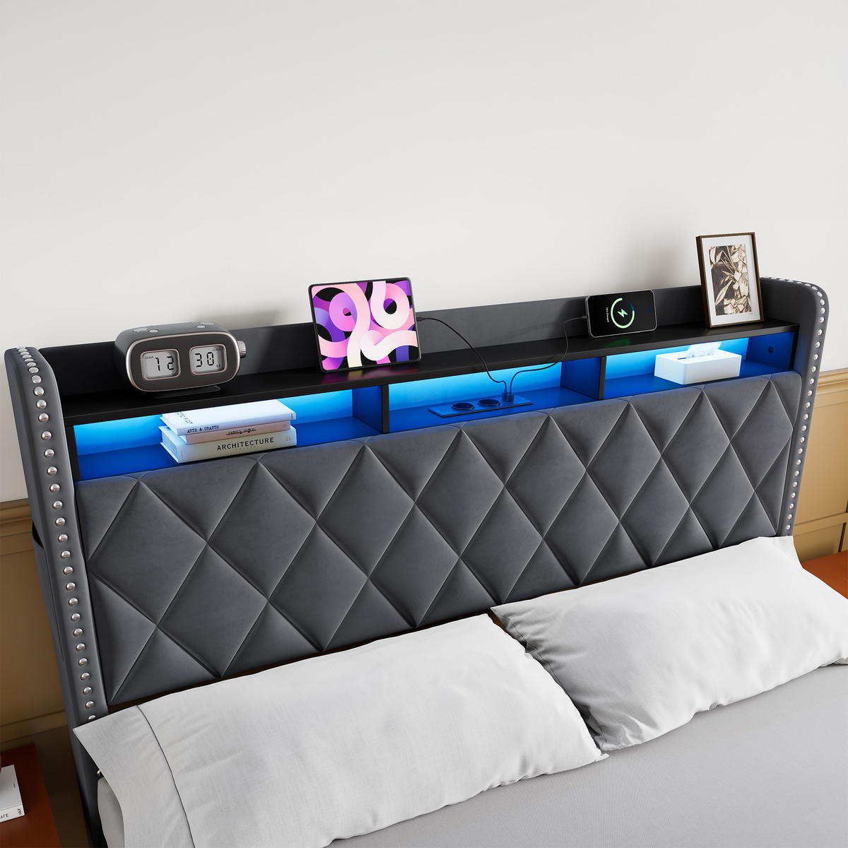 POLSTERBETT 160/200 cm Dunkelgrau mit LED & USB - Dunkelgrau, Textil (160/200cm) - Flora Grace