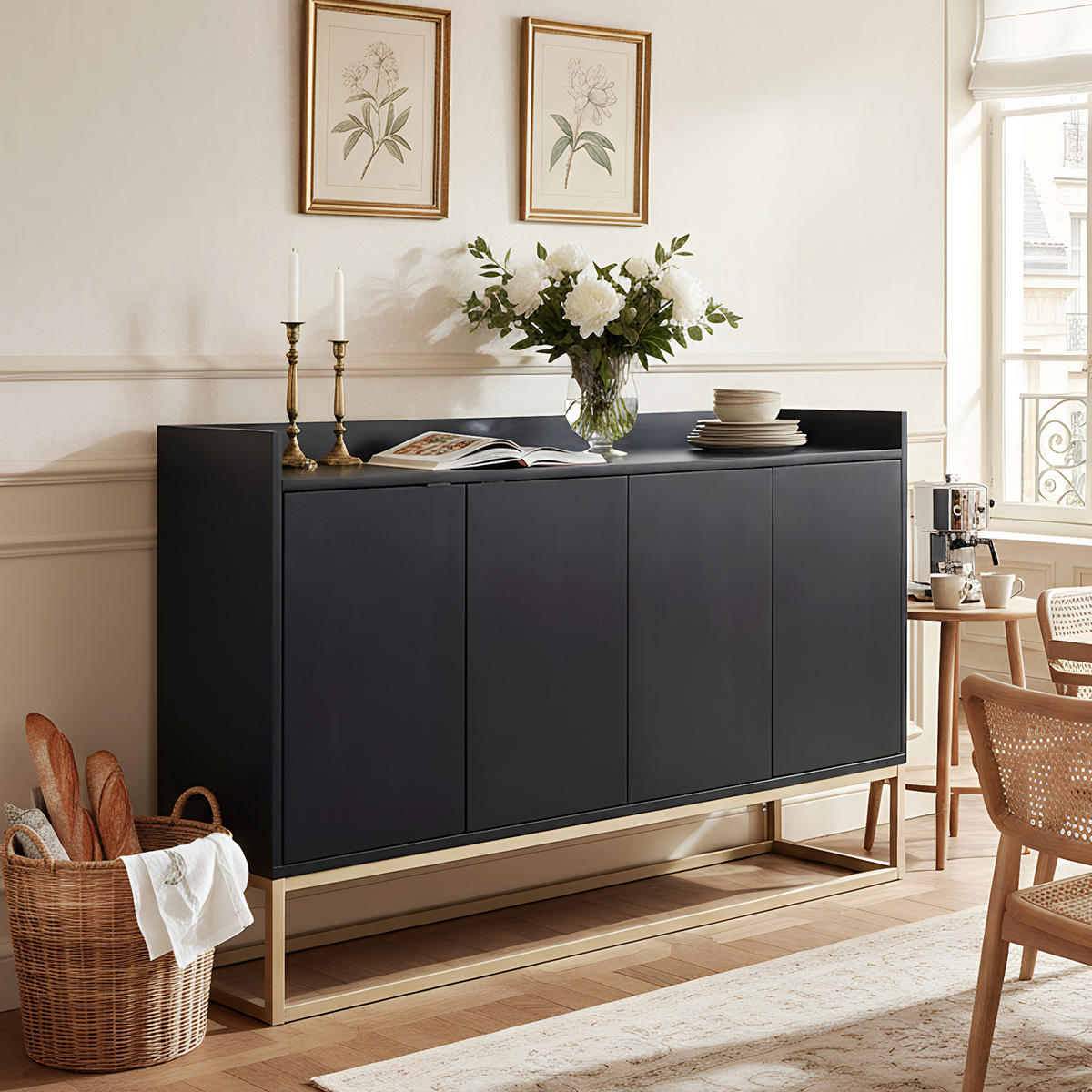 SIDEBOARD Push-to-Open mit 4 Türen 120/30/80 cm Schwarz/Gold - Schwarz, Holzwerkstoff (120/80/30cm) - Creahappy