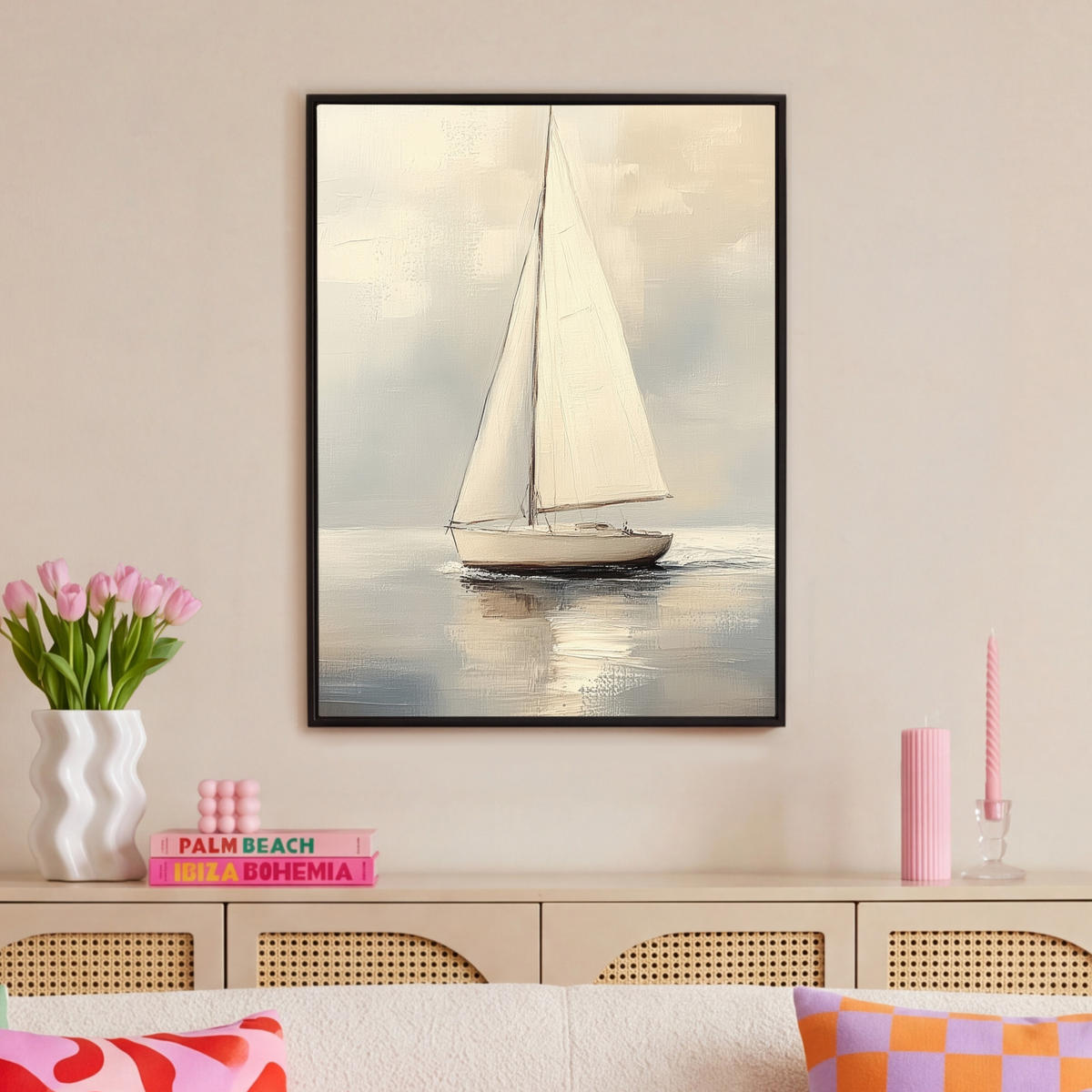 LEINWAND Bilder mit Rahmen - Segelschiff - Meer - Bewölkt - 70x100 - Creme, Textil (70/100cm) - MuchoWow