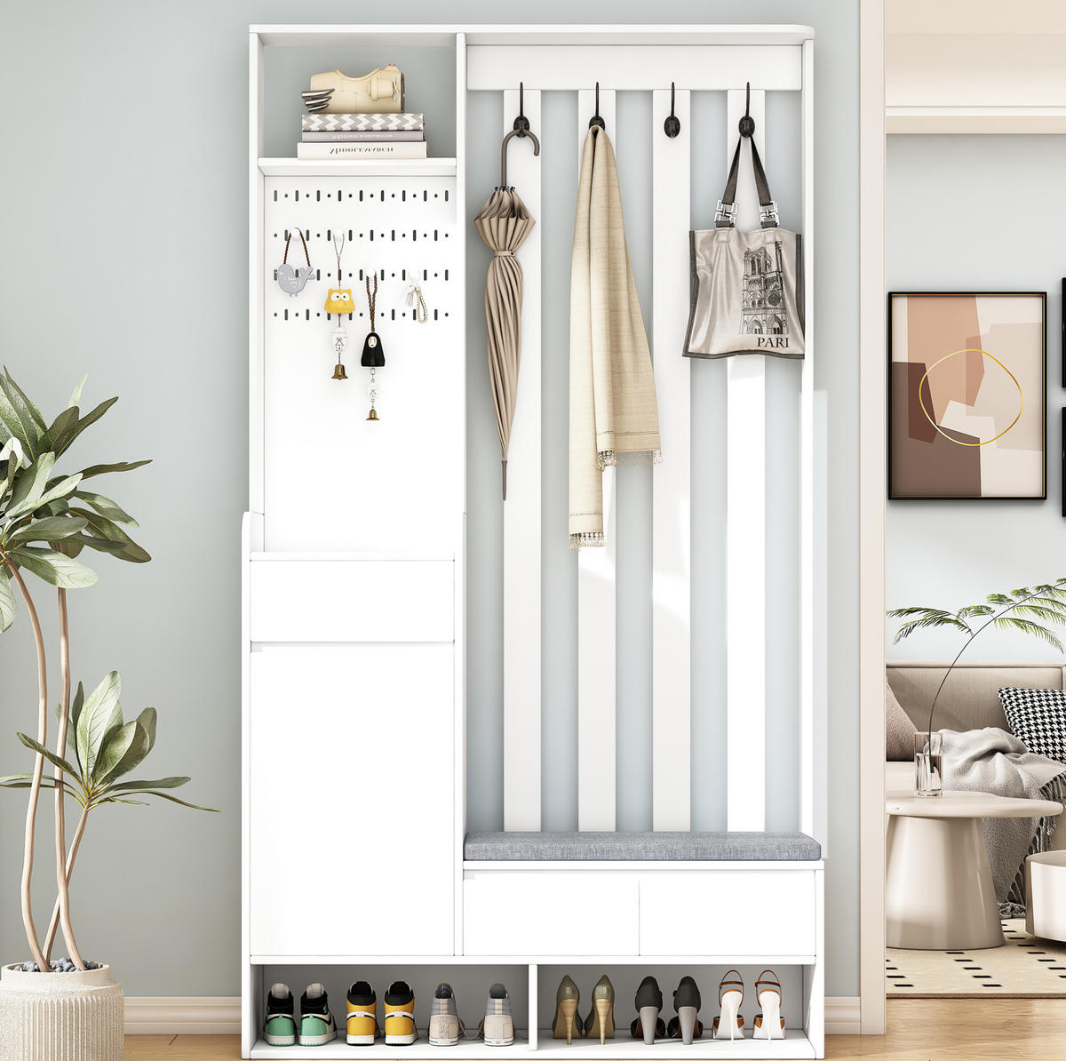 FLURGARDEROBE 35/100/180 cm mit Sitzbank, Stecktafel, Schublade und 4 Haken, Weiß - Weiß, Holzwerkstoff (100/180/35cm) - Redom
