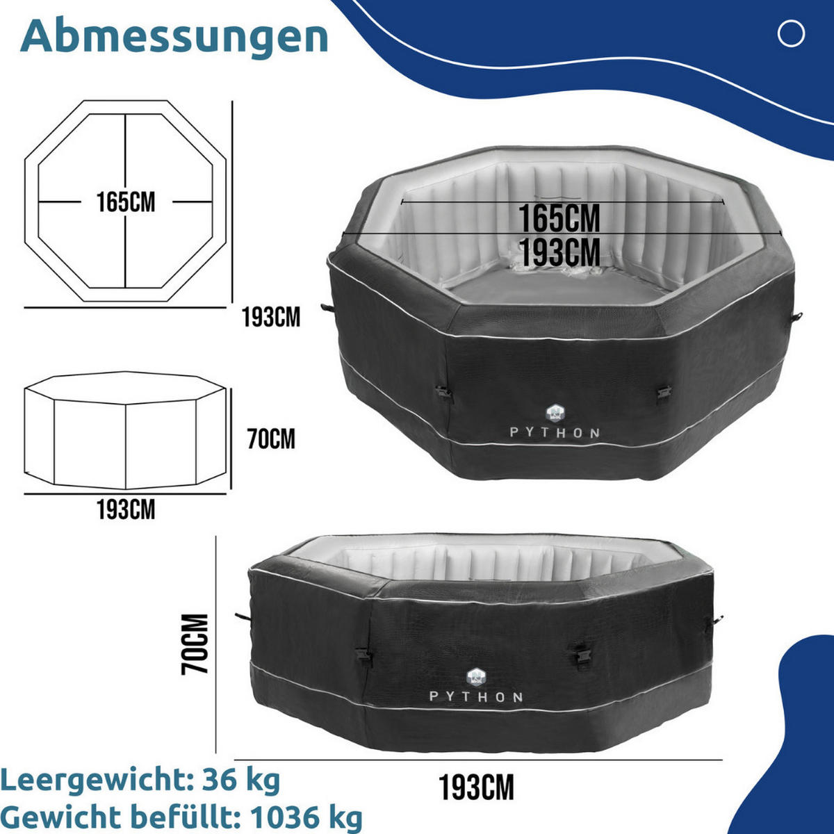 WHIRLPOOL, Aufblasbar, Achteckig, Beheizbar, Outdoor, Indoor, SPA, 5 Personen, 130 Luftdüsen, Selbstaufblasend, Winterfest, Jacuzzi, Wellness - Schwarz, Kunststoff (193/70/193cm) - JUNG