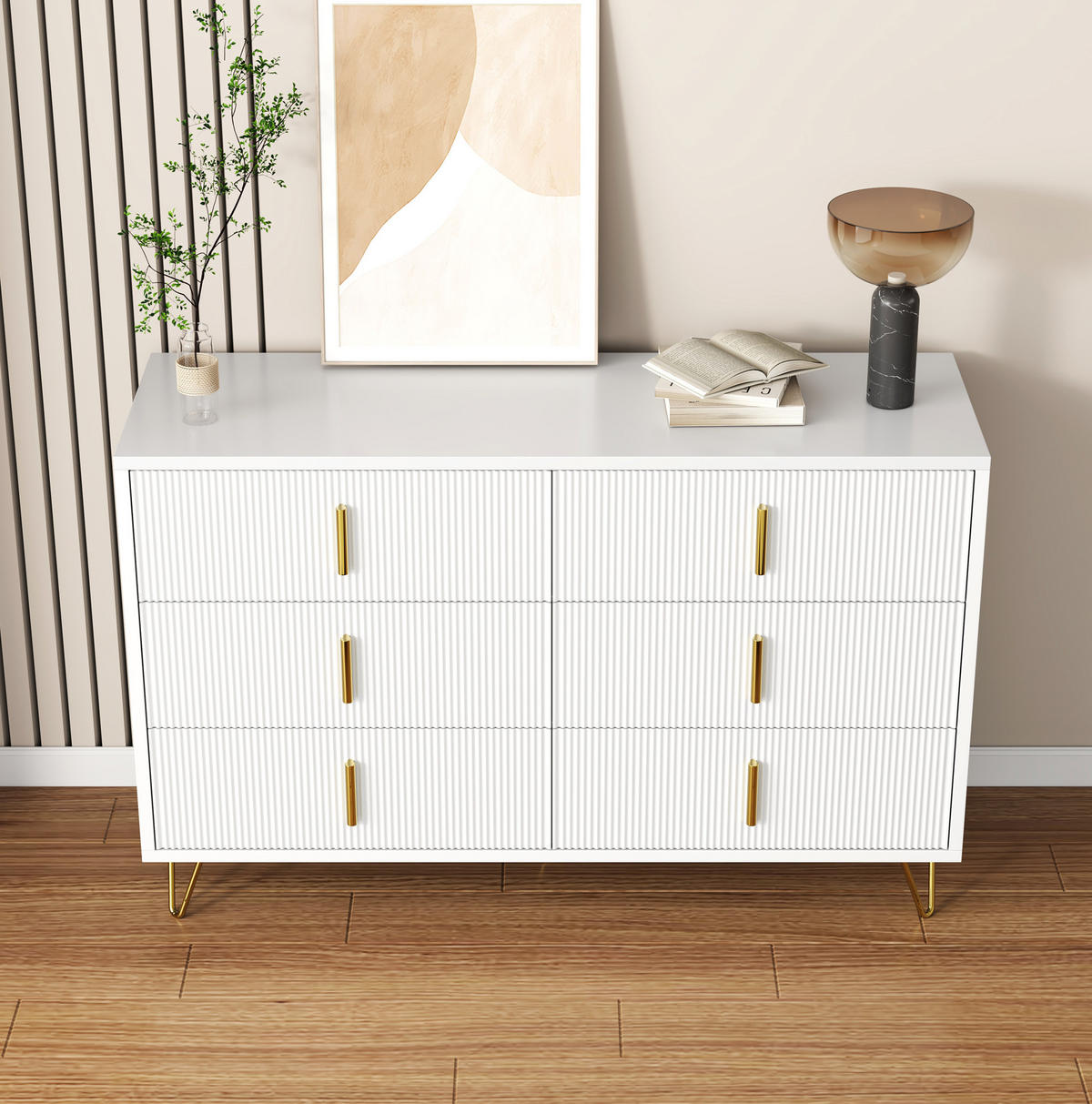 SIDEBOARD 120/40/77 cm mit 6 Schubladen in Weiß/Gold - Weiß, Holzwerkstoff (120/77/40cm) - BEAOK