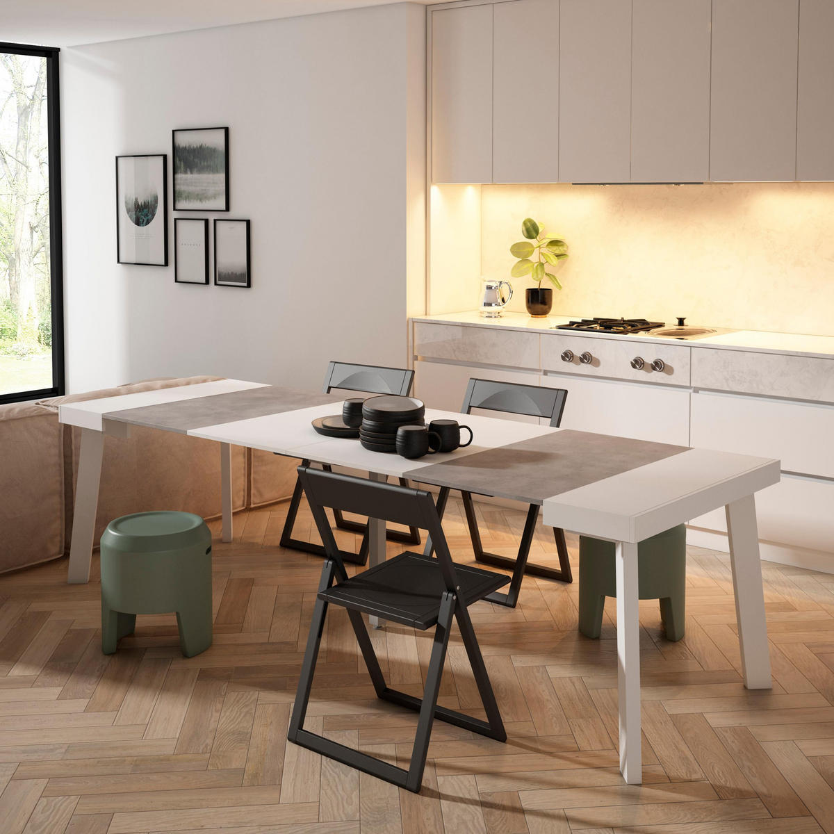 KONSOLENTISCH ausziehbar 58 bis 262cm, für 12 Gäste, weiß zementgrau, 90/58/73cm - Weiß/Grau, Holzwerkstoff (90/262/73cm) - Skraut Home