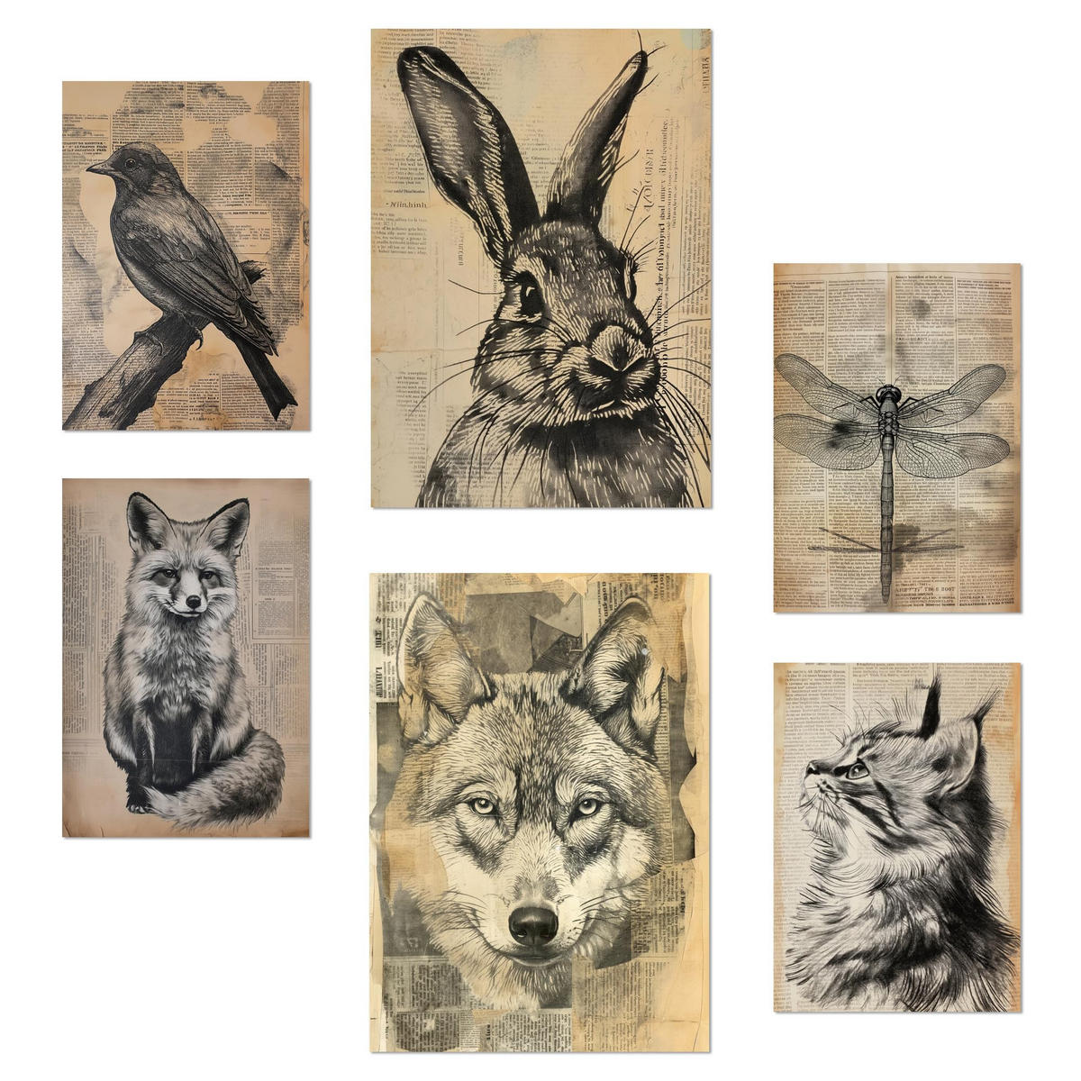 POSTER Set Mit 6 Vintage Tiere Vogel Hase Libelle Fuchs Wolf Katze A3 & A4 Rahmenlos - Klar, Papier (29/3cm) - Nacnic