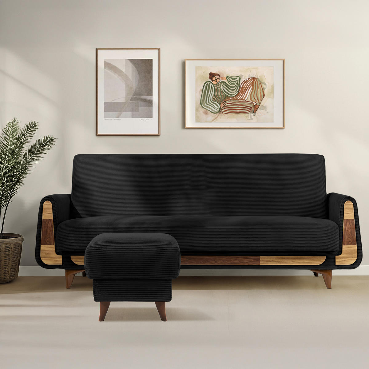 FUẞSTÜTZE GUSTAVO II, Schwarz - Schwarz/Braun, Holz/Holzwerkstoff (53/49/53cm) - KONSIMO®