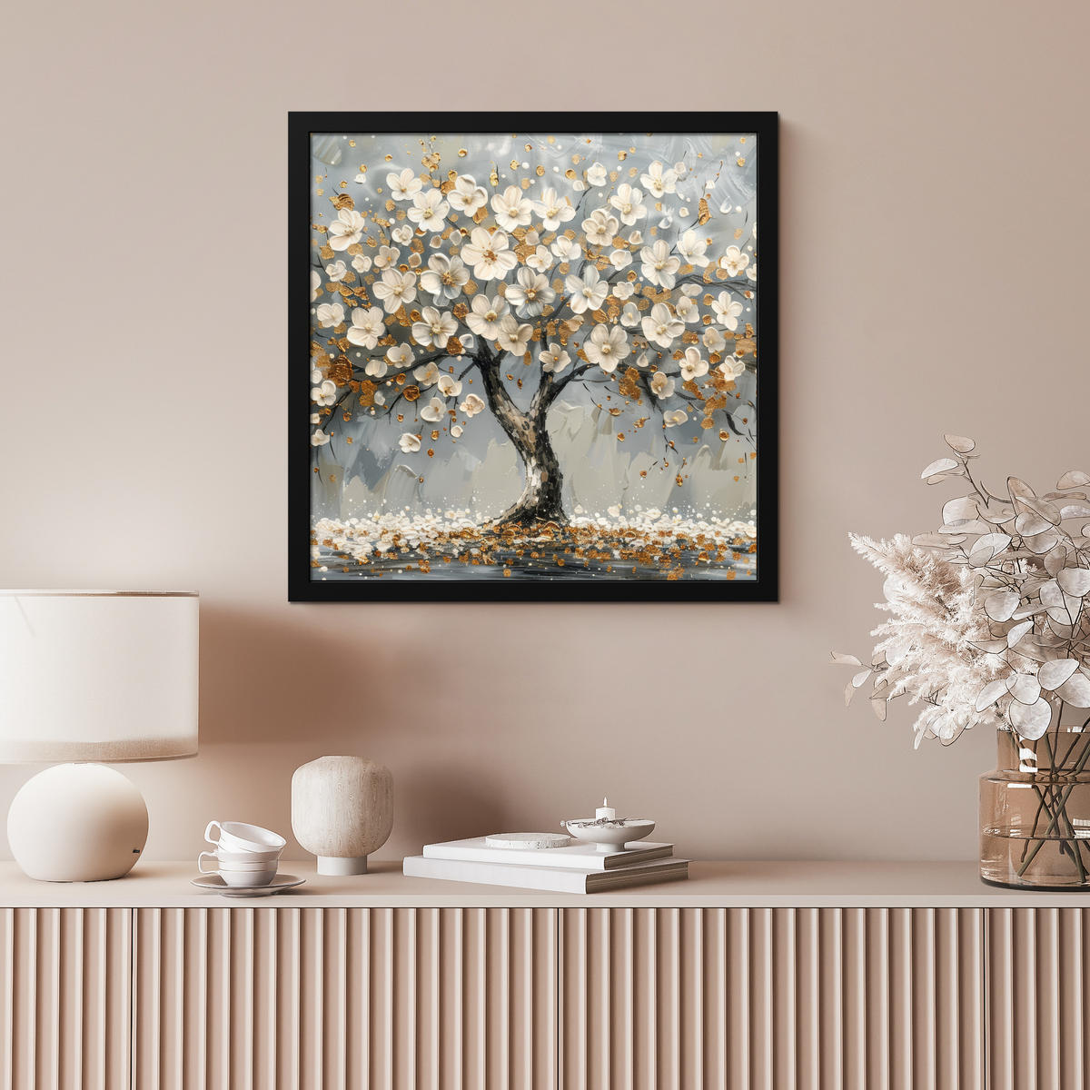 POSTER MIT RAHMEN Baum - Blumen - Weiß - Natur - Kunst 40x40 cm - Weiß, Papier (40/40cm) - MuchoWow