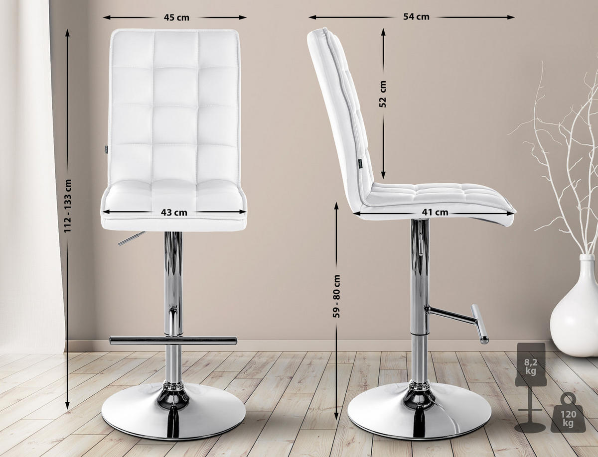 BARHOCKER Lederlook weiß - Chromfarben/Walnussfarben, Textil/Metall (45/112/54cm) - CLP