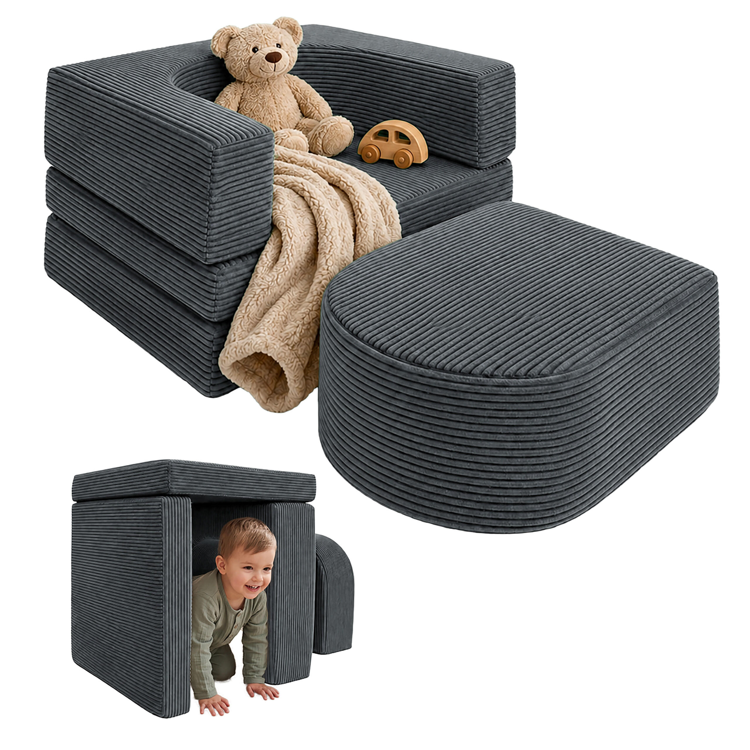 KINDERSESSEL Anthrazit 4-tlg. Cord - Anthrazit, Kunststoff/Textil (65/40/65cm) - Relaxdays