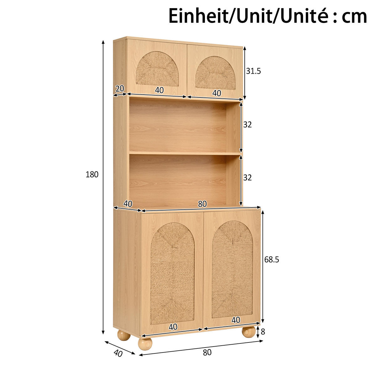 SIDEBOARD Hochschrank Seilgeflecht Türen Stauraum Holzfüße Modern - Naturfarben, Holzwerkstoff (80/180/40cm) - FLIEKS