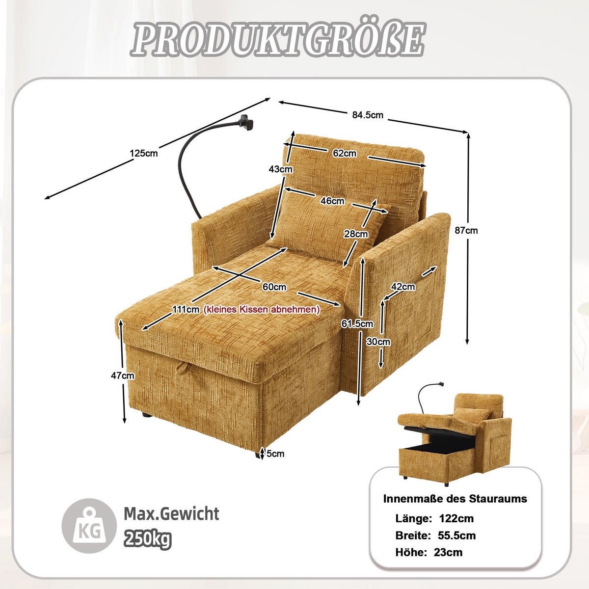 SCHLAFSOFA in Senfgelb aus Chenille mit Handyhalterung & Stauraum - Gelb/Grün, Textil (84/87/125cm) - Urban Meuble