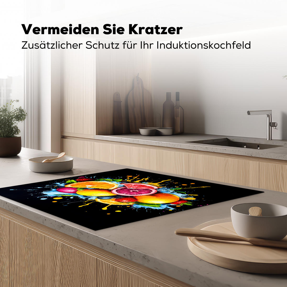 HERDABDECKPLATTE Obst - Graffiti - Bunt - Orange - Erdbeere - Abstrakt 78x78 cm - Orange, Kunststoff (78/78/0.2cm) - MuchoWow