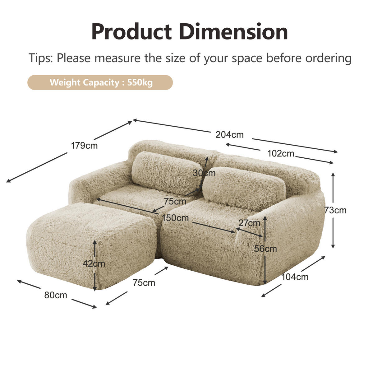 SOFA modular L-Form 2-Sitzer Plüsch Light Khaki - Braun, Kunststoff (179/204.1cm) - Meubliv