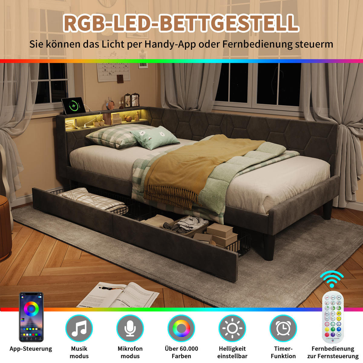 POLSTERBETT 90x200 cm, Stauraumkopf mit Ablagen, 2 Schubladen, LED und USB, Samt in Grau - Grau, Holz (90/200cm) - BRILVERDE