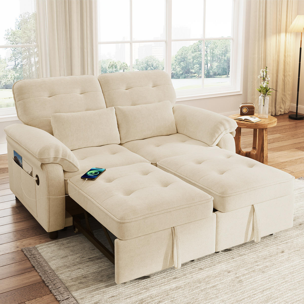 SCHLAFSOFA DE-33203 3-in-1 ausziehbar mit USB und Type-C Beige - Beige, Metall (142/86.5/90cm) - ComfortXL