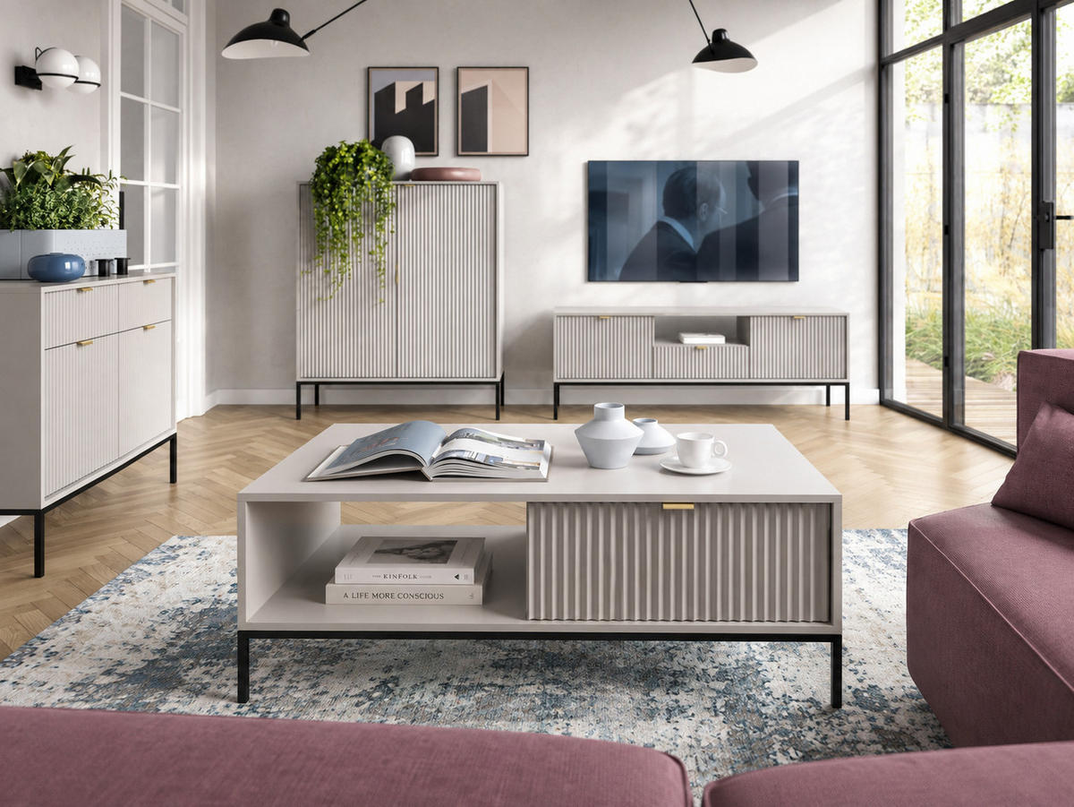 COUCHTISCH Kioto 104 cm in Grau mit Schubladen und Metallbeinen - Goldfarben/Schwarz, Holzwerkstoff/Metall (68/104/46cm) - Ravio