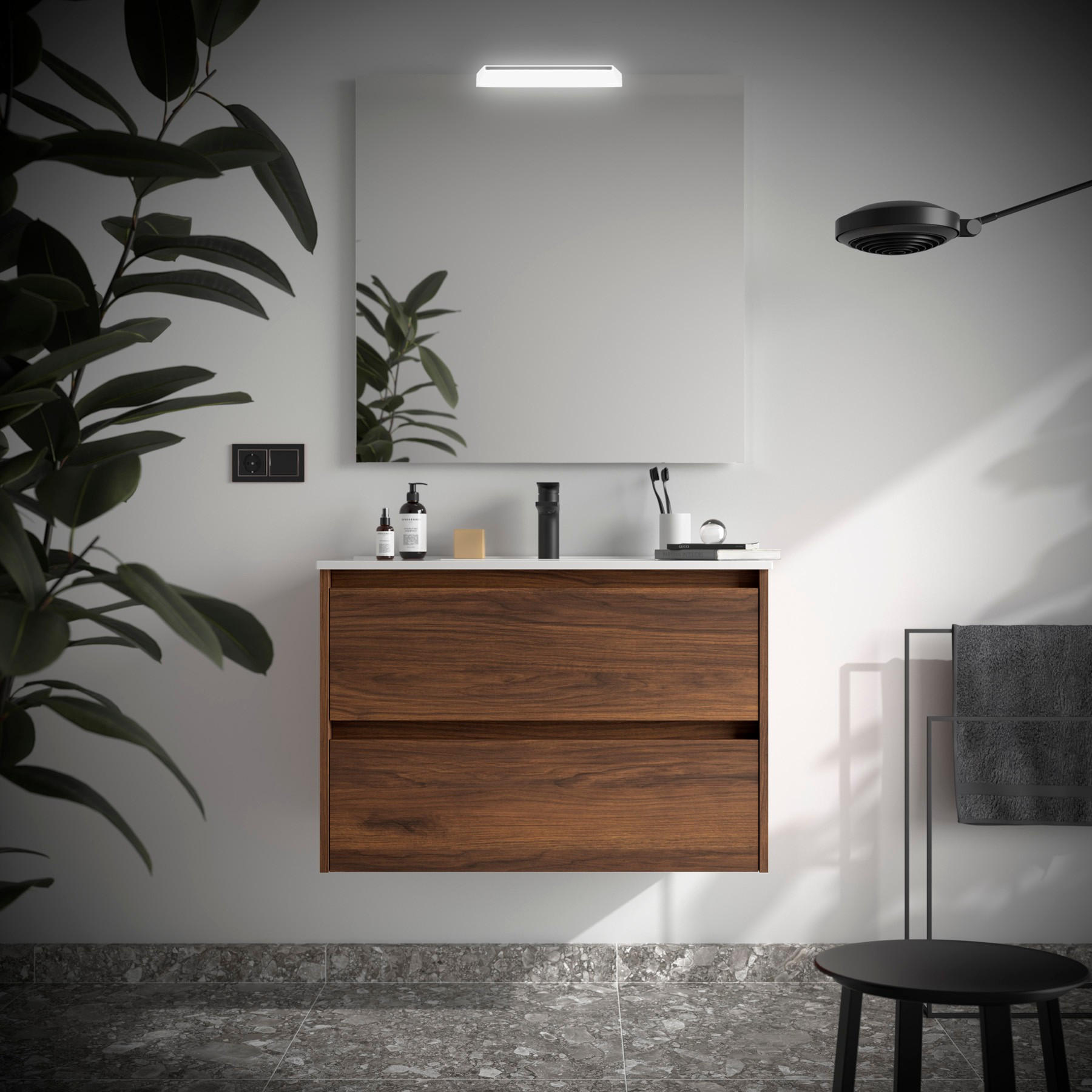 BADEZIMMERMÖBEL NOJA 900 2 Schubladen NUSSBAUM MAYA + Waschtisch + Spiegel - Schwarz, Metall (45/54/90cm) - Salgar