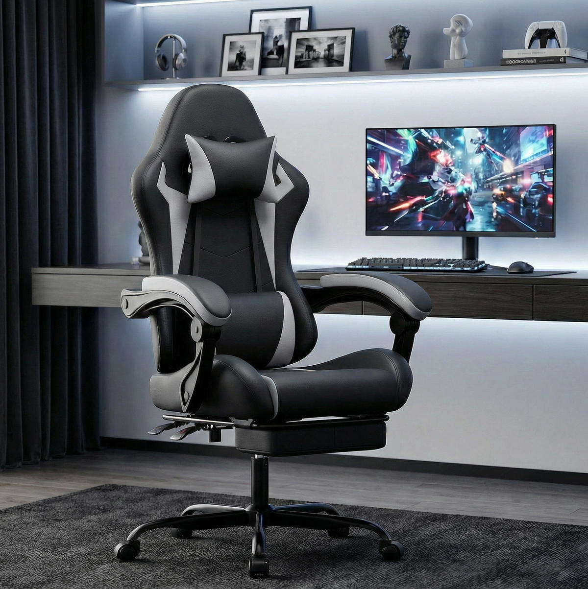 GAMING-STUHL ergonomisch PVC Black White - Weiß, Kunststoff (63/120.5/58.5cm) - Meubliv