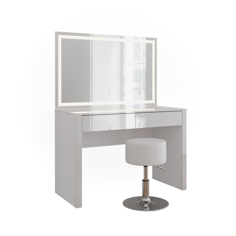 SCHMINKTISCH Annabelle Weiß Hochglanz/Weiß 110 cm mit LED-Spiegel und Hocker - Weiß Hochglanz/Weiß, Holzwerkstoff (110/75.5/50cm) - Vicco