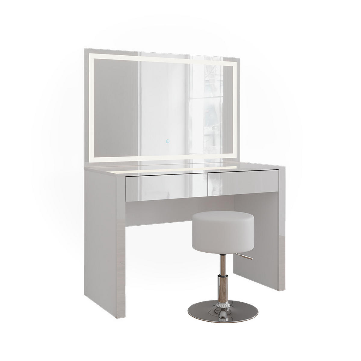 SCHMINKTISCH Annabelle Weiß Hochglanz/Weiß 110 cm mit LED-Spiegel und Hocker - Weiß Hochglanz/Weiß, Holzwerkstoff (110/75.5/50cm) - Vicco