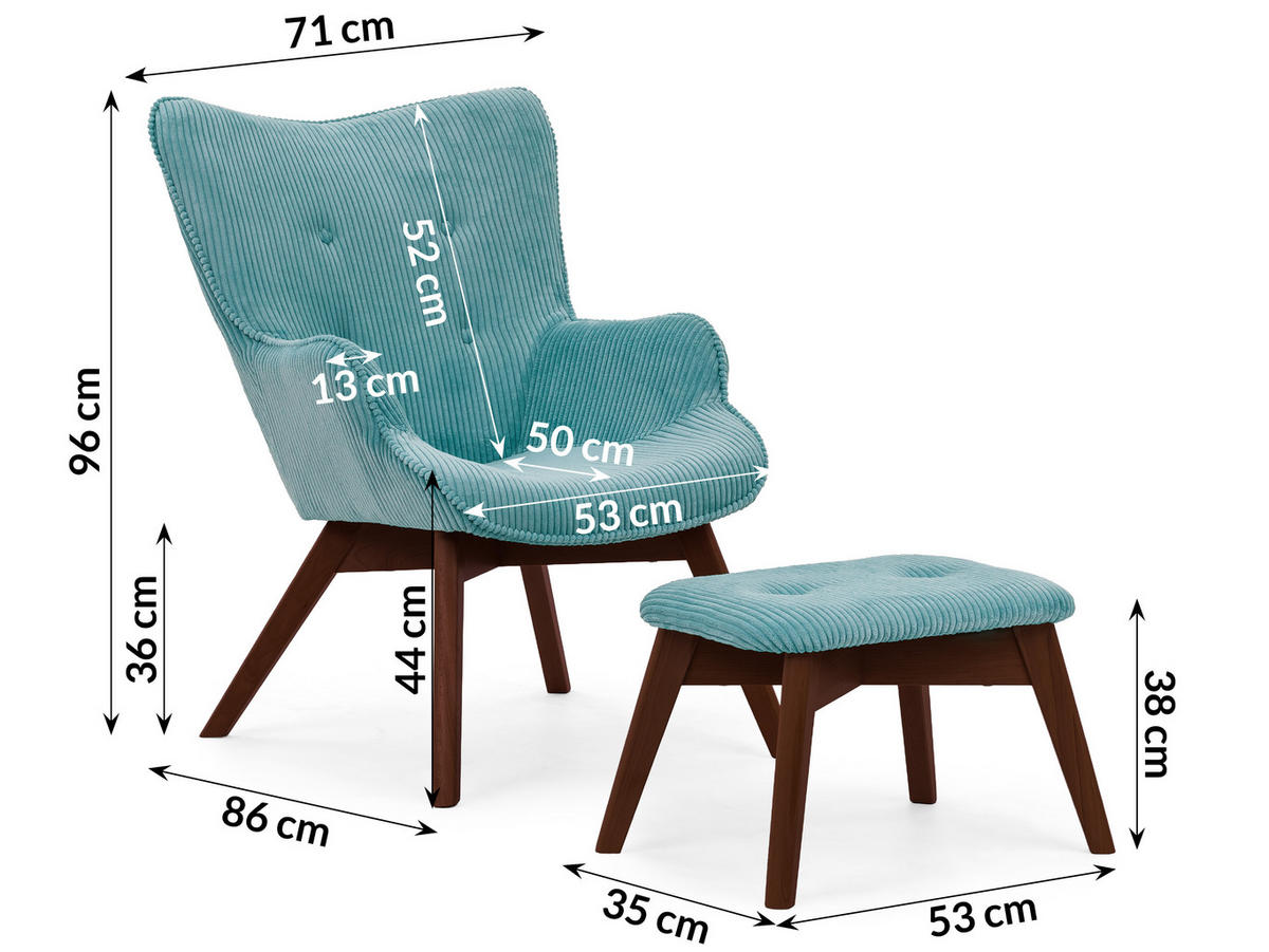 LOUNGESESSEL mit Fußhocker Lenari Türkis Cordstoff mit Füßen in Braun - Türkis/Braun, Holz/Textil (71/96/86cm) - S-Style Möbel