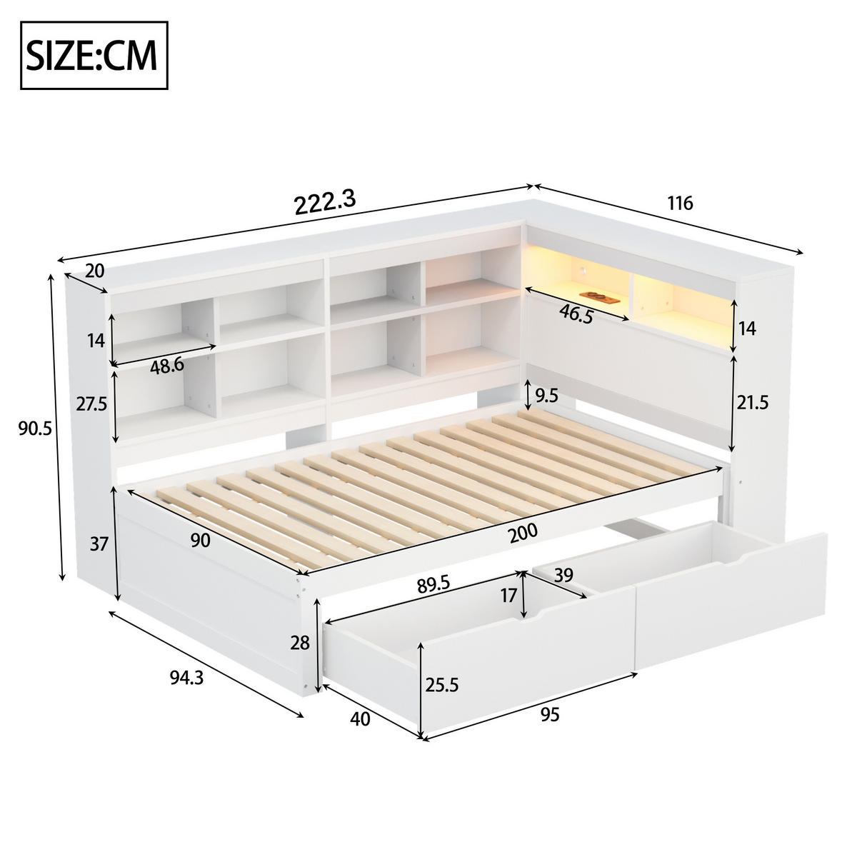 BETT Massivholzsofa 90/200 cm Weiß mit USB- und Steckdose und LED-Beleuchtung - Weiß, Holzwerkstoff (90/200cm) - OKWISH