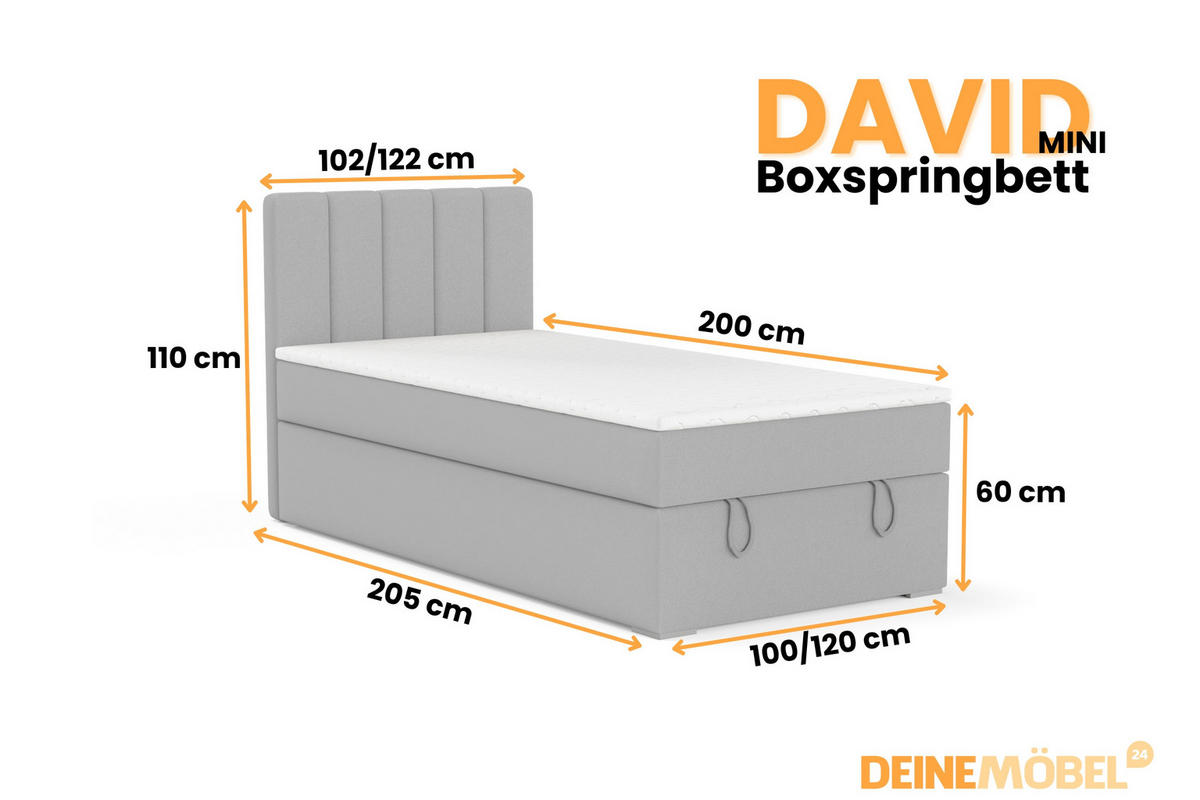 BOXBETT DAVID MINI 120/200 in Velours Hellgrau H4 - Hellgrau, Holz/Holzwerkstoff (120/200cm) - Deine Möbel 24