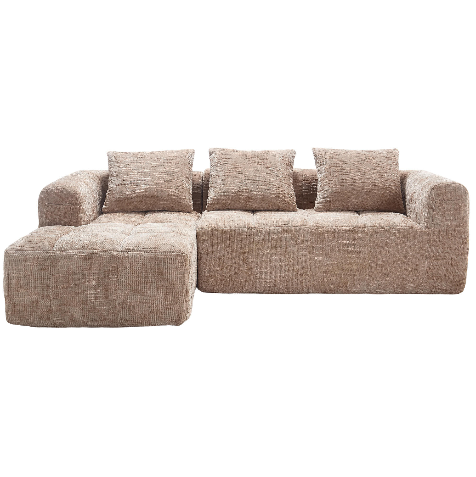 ECKSOFA L-Form 3-Sitzer mit Chaiselongue und Armlehnen Chenille khaki 250/158/60 cm - Naturfarben, Textil (250/158cm) - OKWISH