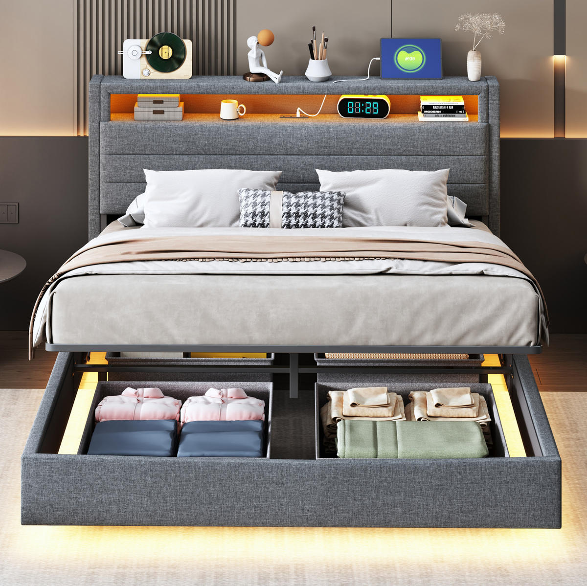 POLSTERBETT 140/200 cm Grau mit Stauraum, LED-Beleuchtung und USB-Anschluss - Grau, Textil (140/200cm) - Flora Grace