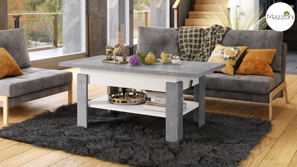 COUCHTISCH rechteckig Beton - Weiß ausziehbar höhenverstellbar - Hellgrau/Weiß, Holzwerkstoff (65/130/58cm) - designimpex