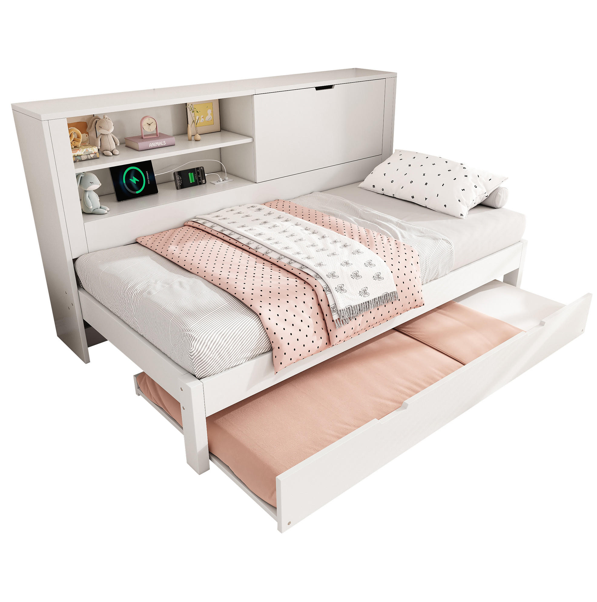 SOFABETT 90/190 cm mit Ausziehbett, Stauraum-Rückwand und USB in Weiß - Weiß, Textil (90/190cm) - BEAOK