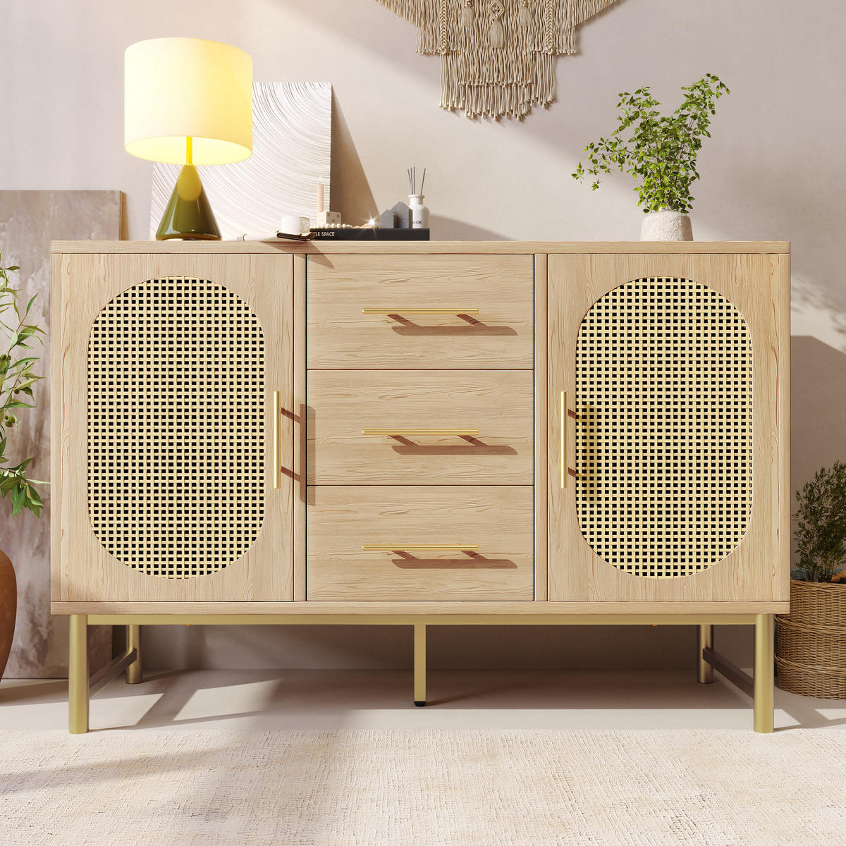 KOMMODE mit 2 Türen, 3 Schubladen, LED-Beleuchtung und Rattan-Optik, 120 x 40 x 74 cm, Eiche, Metall, Spanplatte - Eichefarben, Holzwerkstoff (120/74/40cm) - SONNENH