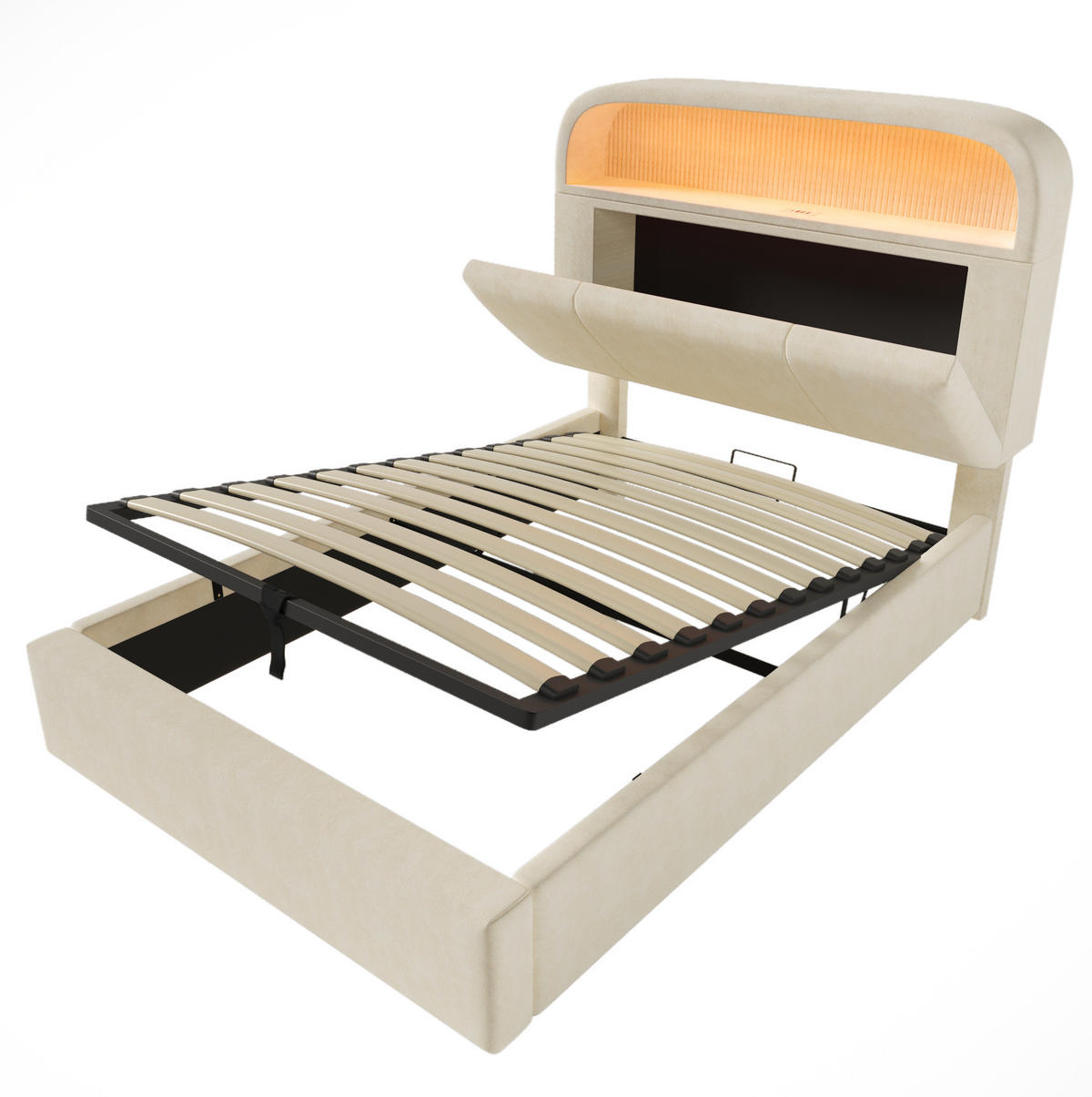 POLSTERBETT 90/200 cm mit hydraulischem Bettkasten, LED & USB/Type-C, Samt Beige - Beige, Textil (90/200cm) - Redom