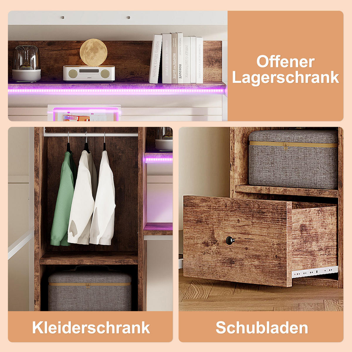 HOCHBETT 140x200cm Weiß Metall LED-Licht Schreibtisch 1 Schublade - Weiß, Holz (140/200cm) - FLIEKS