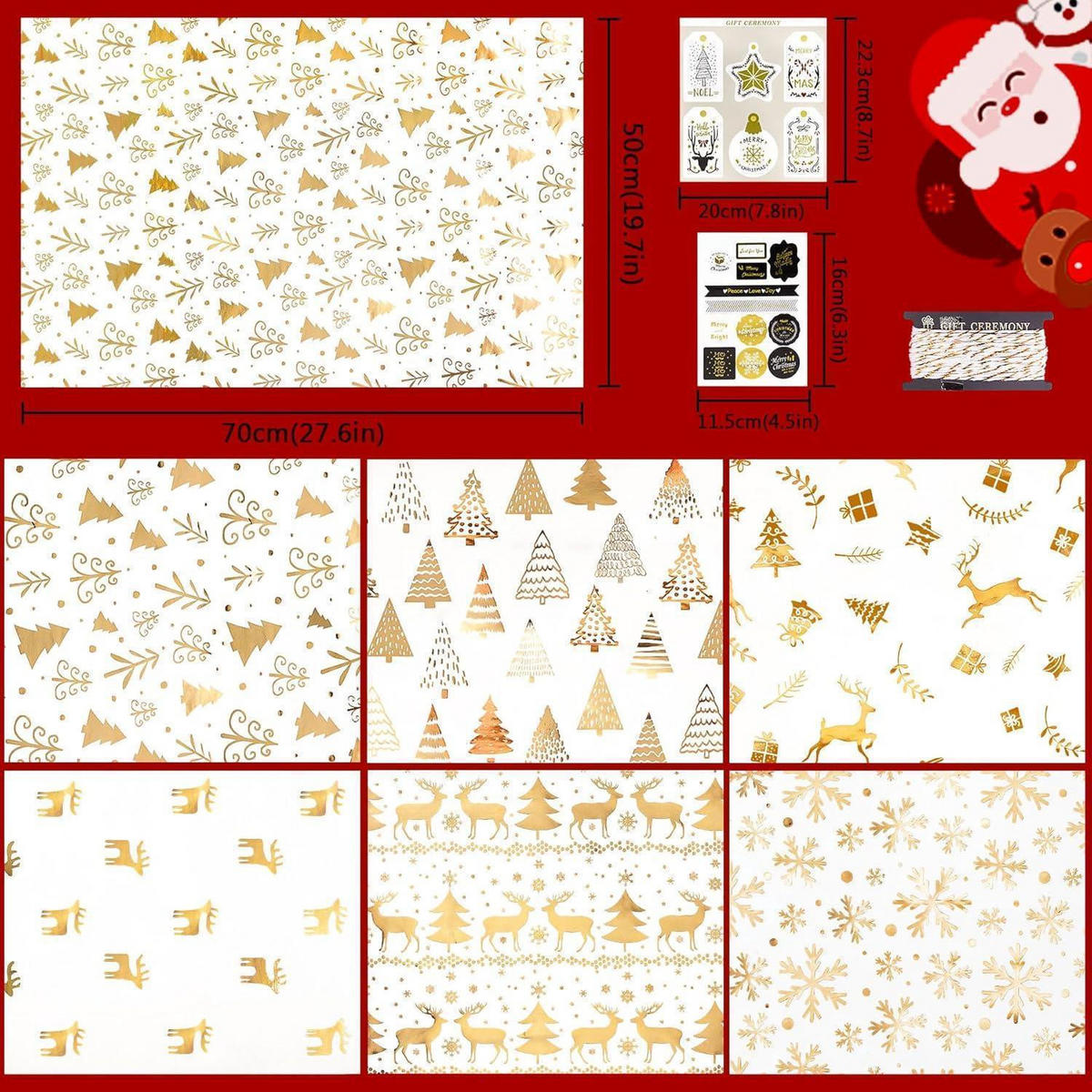 GESCHENKPAPIER Set 6 Bögen Metallic Gold 70 x 50 cm - Goldfarben, Papier (50/1.5/70cm)