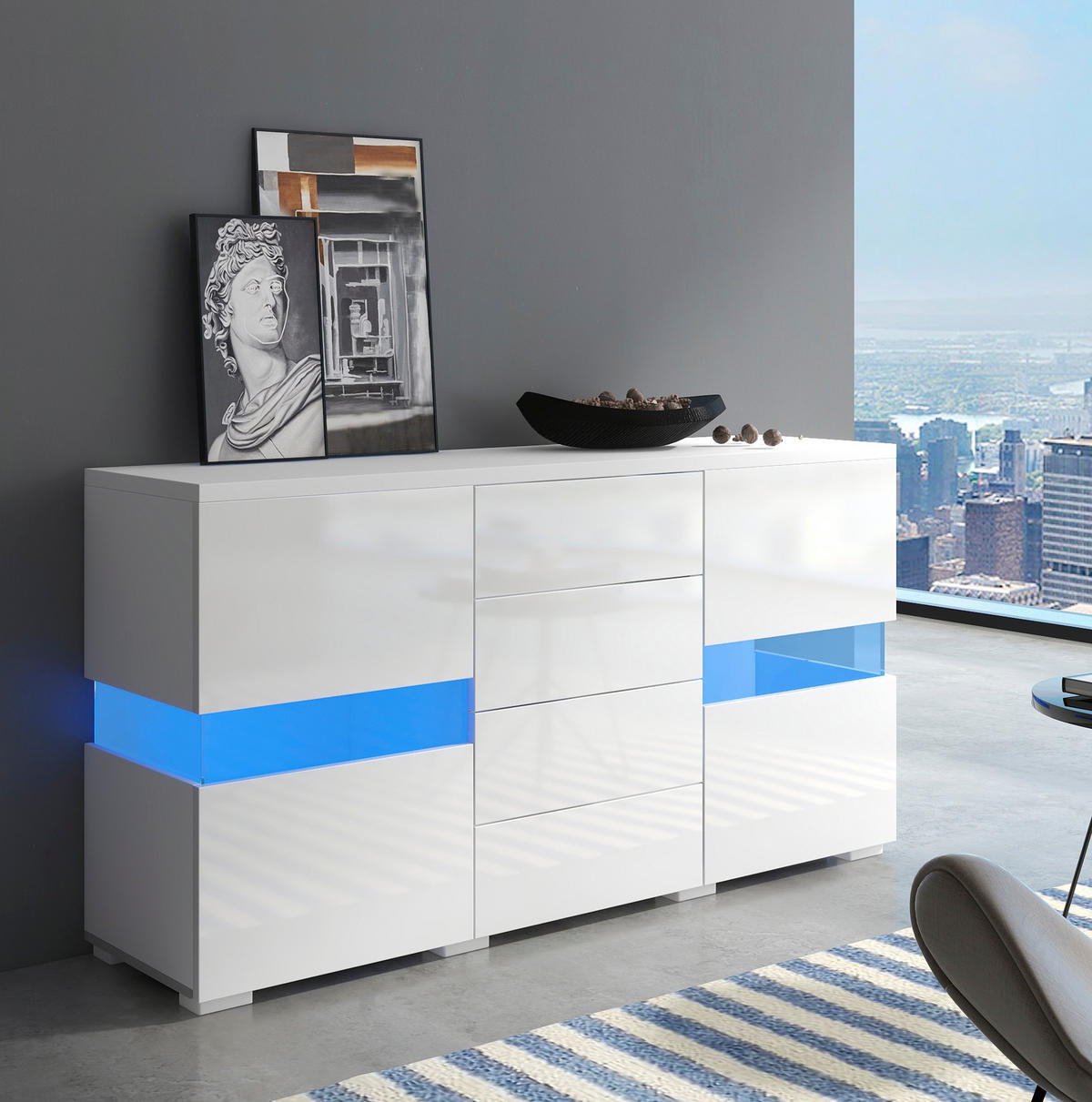 SIDEBOARD 140/35/72 cm aus MDF mit LED-Beleuchtung und 4 Schubladen Weiß - Weiß, Holzwerkstoff (145/72/35cm) - Modenvie