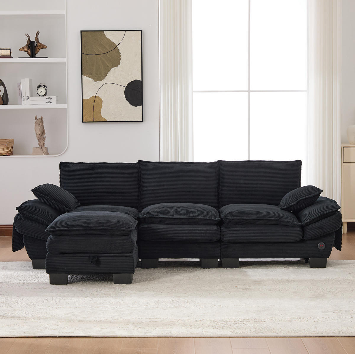 ECKSOFA 260/132/84 cm schwarz aus Cord mit Hocker und USB-C - Schwarz, Textil (132/260cm) - OKWISH