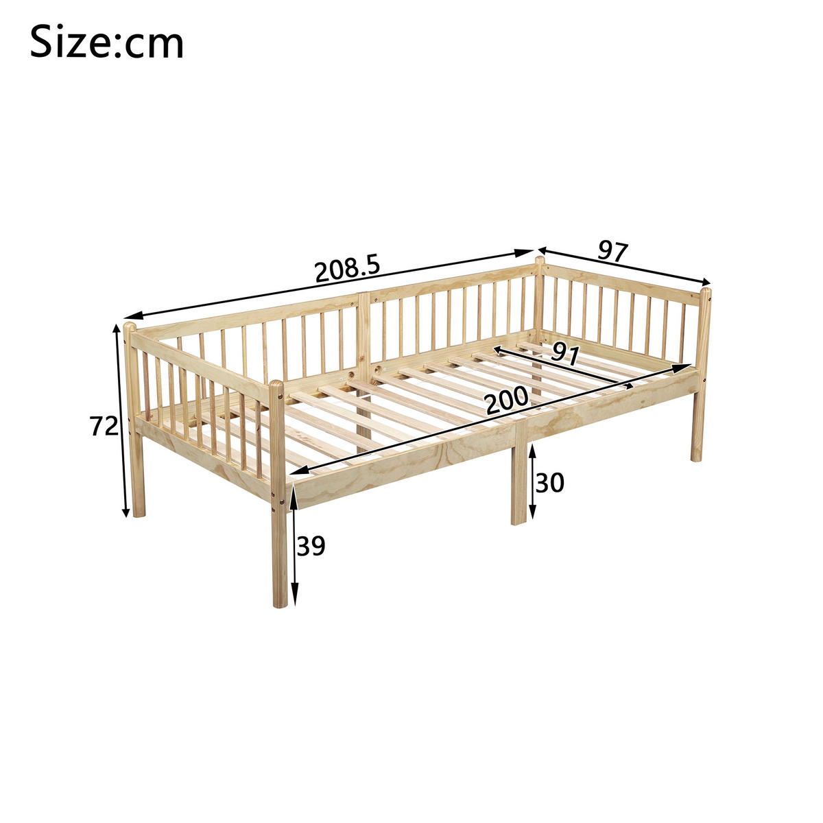 TAGESBETT 90x200 cm Massivholz, Einzelbett mit Lattenrost, Natur - Naturfarben, Holz/Holzwerkstoff (90/200cm) - LVHOM