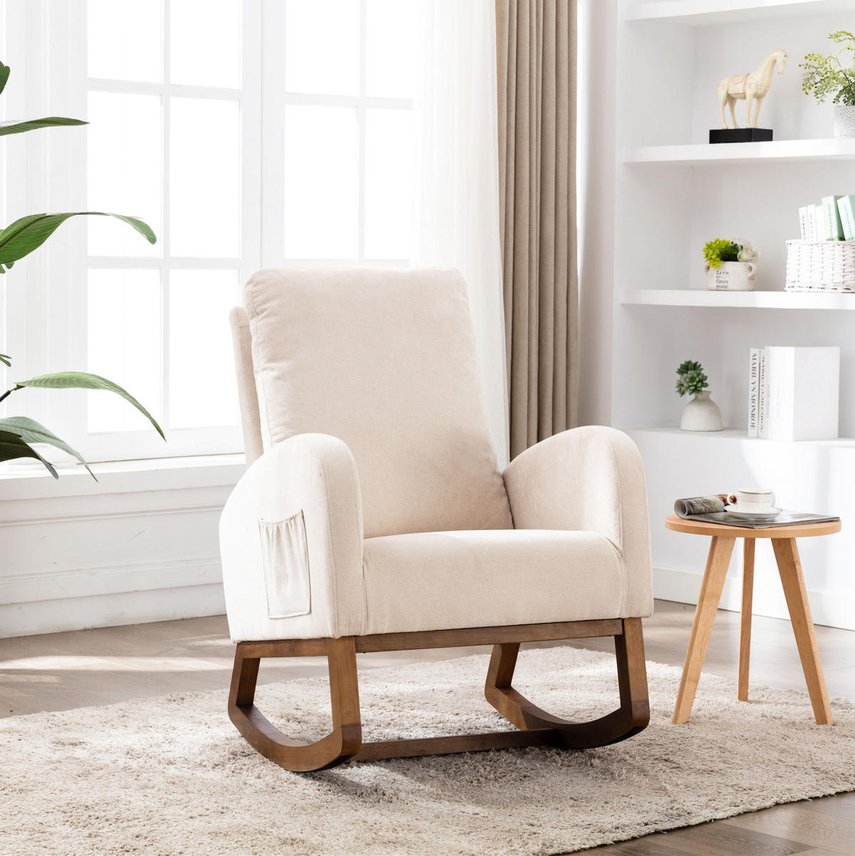 SCHAUKELSTUHL mit hoher Rückenlehne und Leinenbezug – bis 150 kg belastbar - Beige, Textil (94/101/69cm) - BEAOK