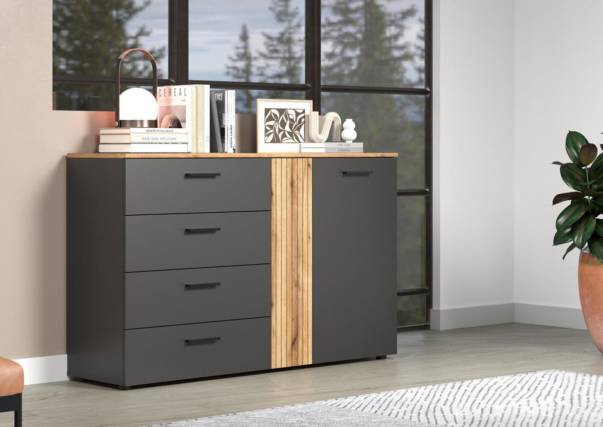 SIDEBOARD grau, Evoke Eiche 139 cm, Kommode mit viel Stauraum - Eichefarben/Anthrazit, Holzwerkstoff/Kunststoff (139/86/38cm) - Top.Furn