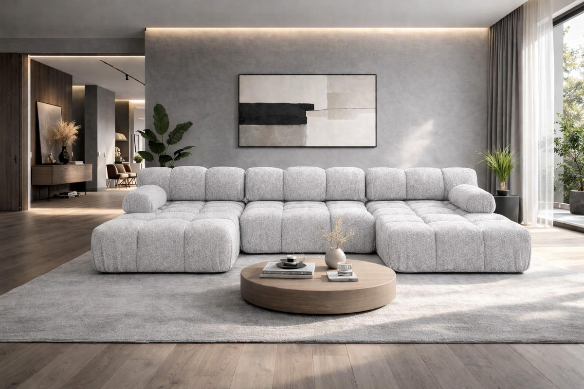 ECKSOFA U-Form, Stoff Bouclé Abriamo, Hellgrau, Selia U - Hellgrau, Holz (285/70/160cm) - Kaiser Möbel