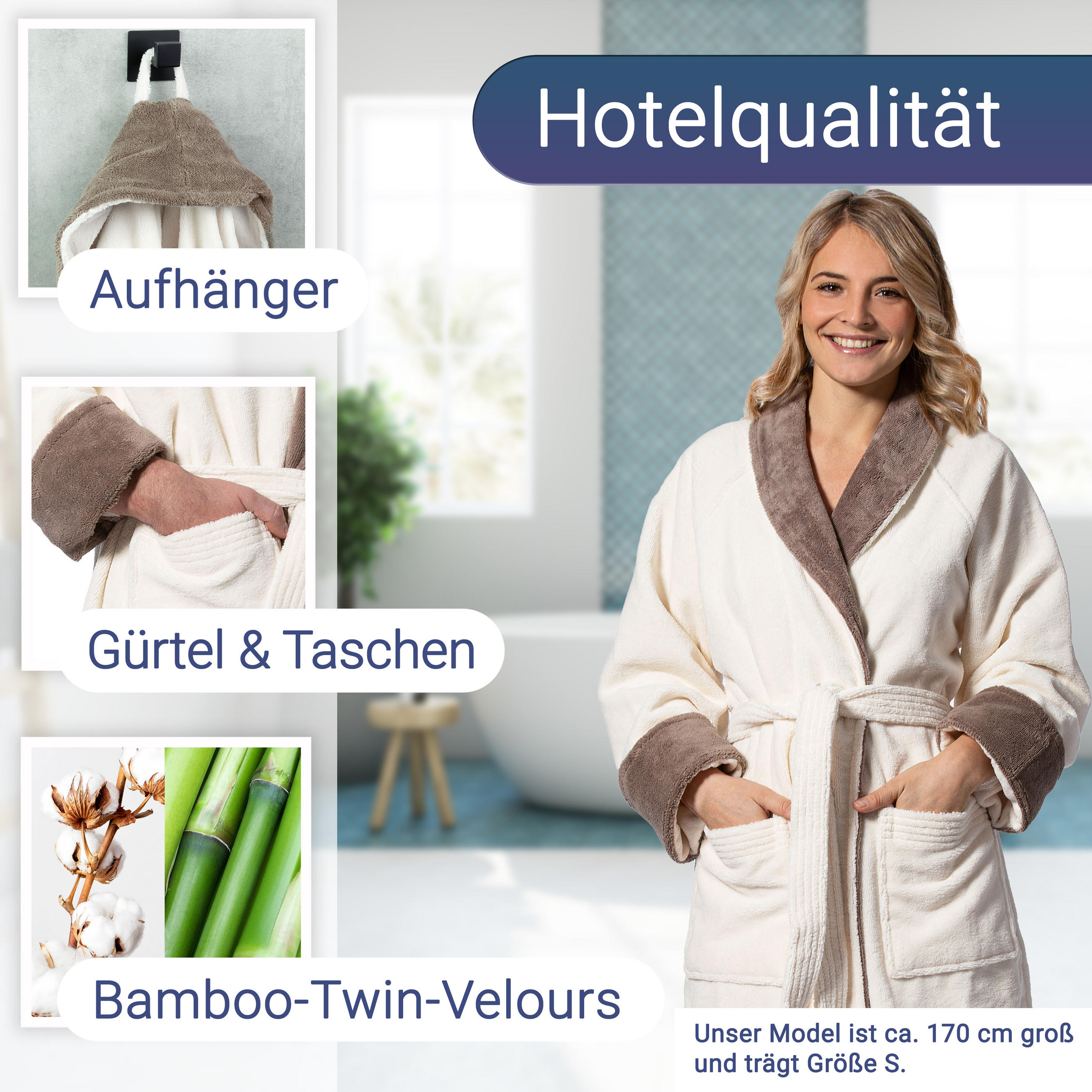 BADEMANTEL, XXL, Außen: 100% Polyester; Innen: 50% Bambus-Viskose, 50% Baumwolle , Beige - Creme, Textil (XXLnull) - Zollner