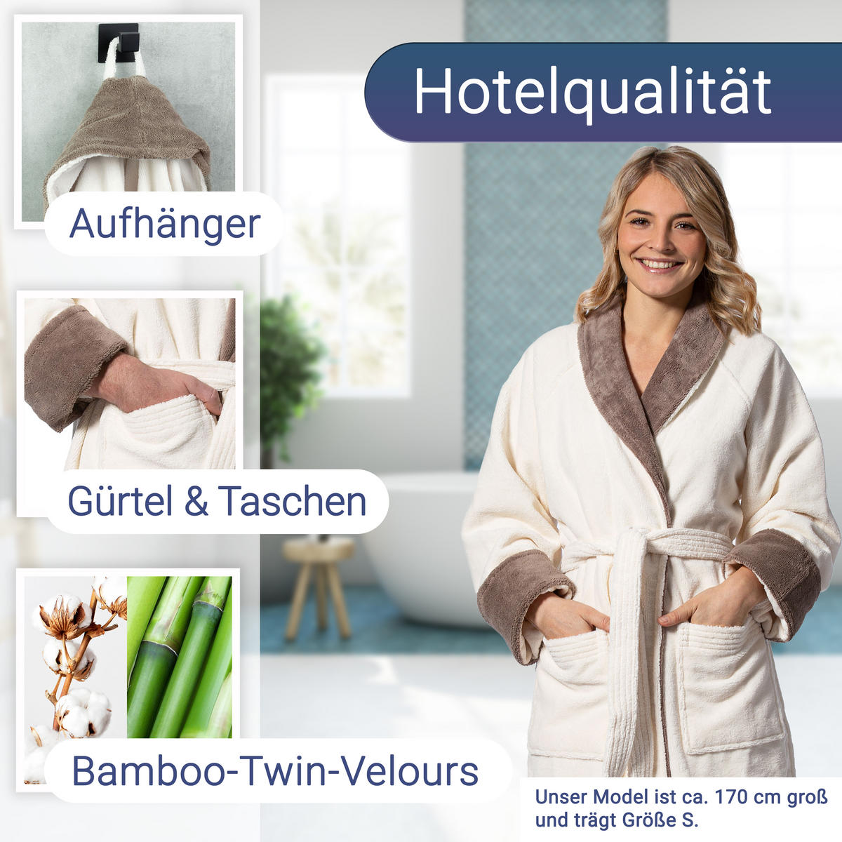 BADEMANTEL, XL, Außen: 100% Polyester; Innen: 50% Bambus-Viskose, 50% Baumwolle , Beige - Creme, Textil (XLnull) - Zollner