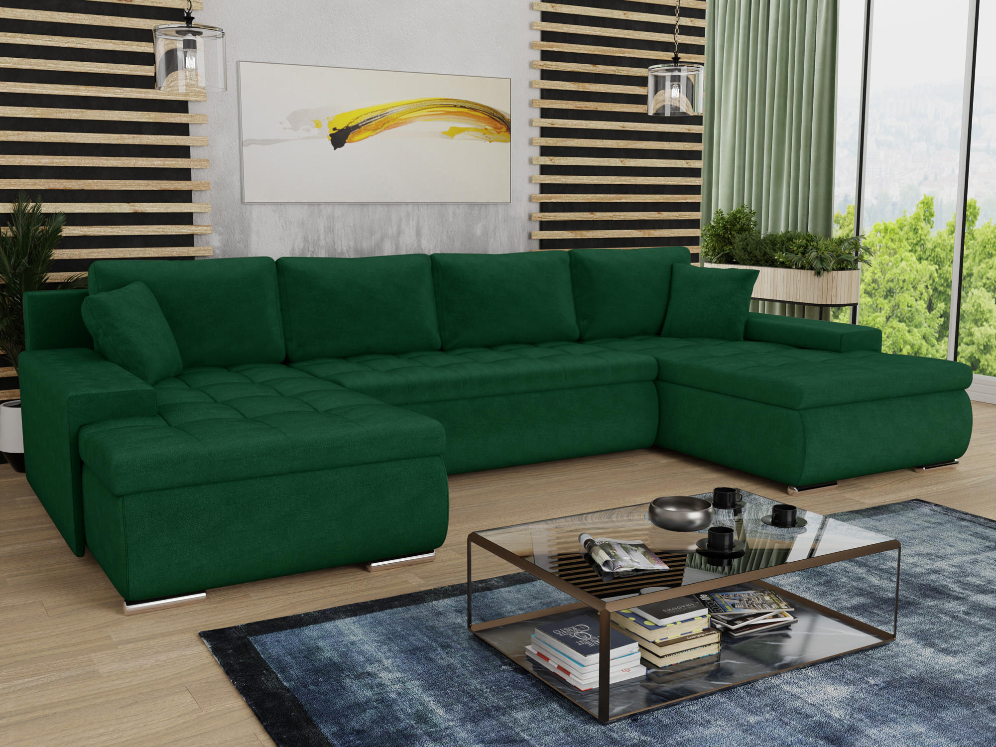 WOHNLANDSCHAFT Faris U - Grün, Holz/Textil (350/85/185cm) - Sofnet