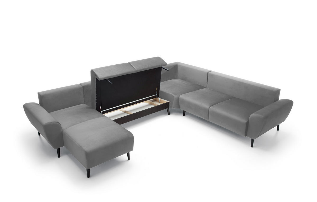 ECKSOFA BOSCO U-Form, Monolith-Stoff, Freistehend, mit verstellbaren Kopfstützen, Sofa für Familien, Größe: 340x270x98cm, Farbe: Esche - Silberfarben, Holz/Textil (270/340cm) - DomoHome
