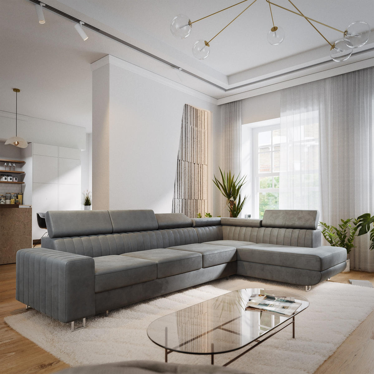 ECKSOFA HESTION Grau Velours-Stoff mit Schlaffunktion - Grau, Holz (332/190cm) - MASSENO