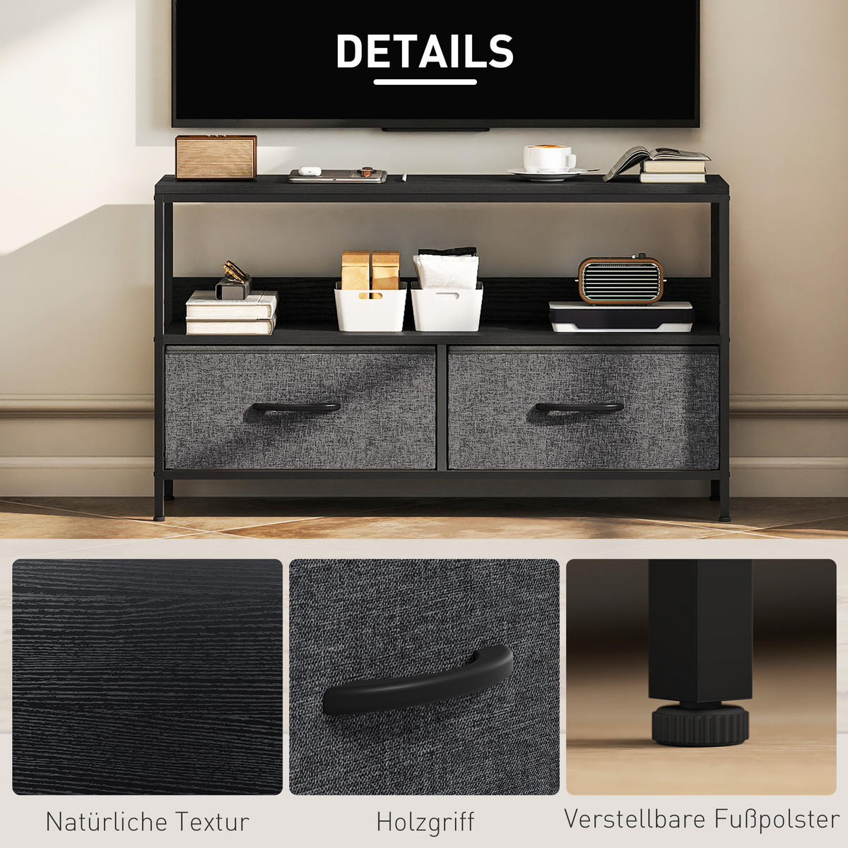 TV Schrank Lowboard mit 2 Schubladen, offenem Fach, für Fernseher bis 47 Zoll, 98 x 29 x 56 cm, Schwarz+Dunkelgrau - Schwarz, Textil (98/56/29cm)