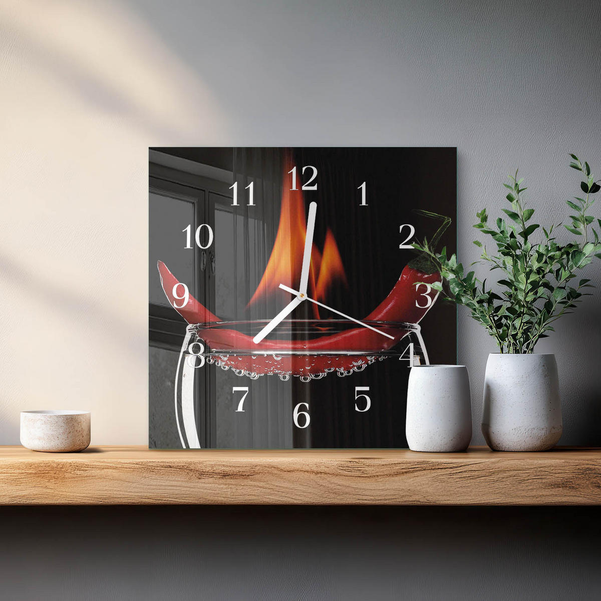 WANDUHR 30x30 cm - Chili-Feuer - Rot, Glas (30/30/0.4cm) - TULUP