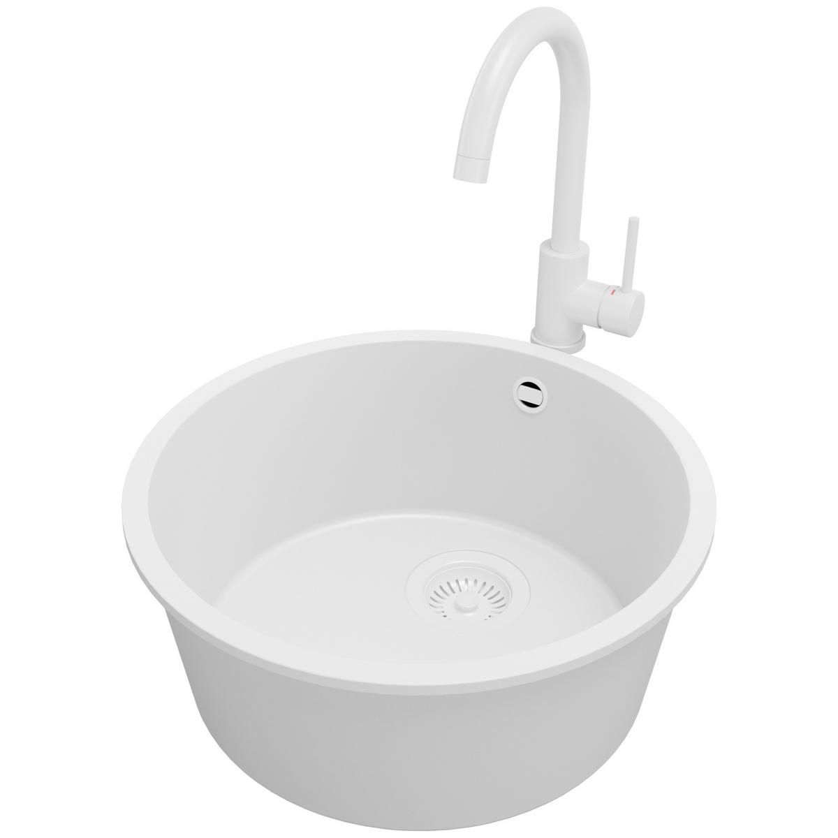 UNTERBAUSPÜLE GRANIT Valletta, 2-er set Alles Weiß 46/46 cm 1 Becken + Küchenarmatur 32/20 cm + Ablauf-Set ab 50er Unterschrank - Weiß, Kunststoff (46/20/46cm) - Primagran